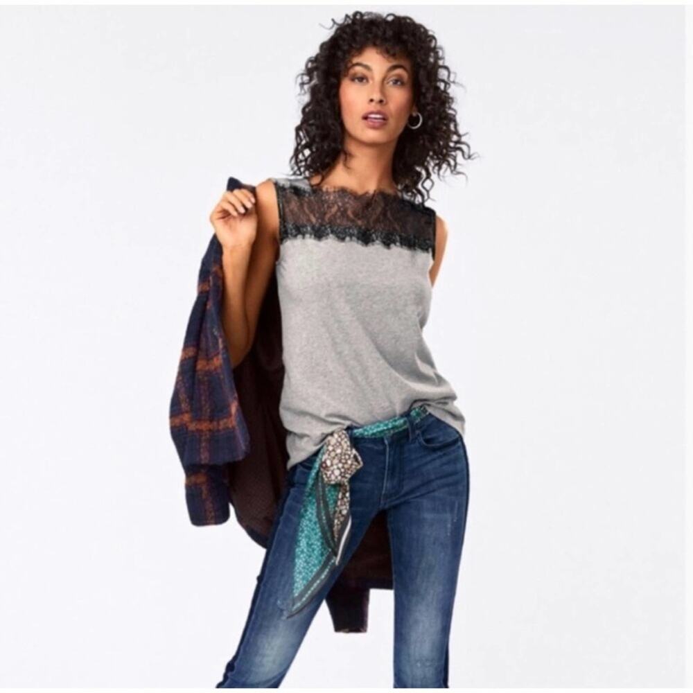 Cabi Lacey Tee Sleeveless Tank Top lace 3815 gray black